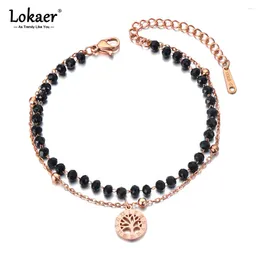 Link Bracelets Double Layer Stainless Steel Black Crystal Chain For Women Bohemia Tree Charm Bracelet Jewellery B21076