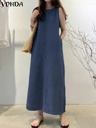 Casual Dresses 2024 VONDA Elegant Women Denim Pleated Long Sundress Fashion Loose Sleeveless Robe Summer A-Line Maxi Vestido Oversized