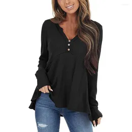 Women's Polos Women Blouse Solid Colour V Neck Autumn Loose Long Sleeve Buttons T-shirt Pullover Top For Party