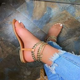 Summer Flat Fashion Style Sandals 2024 Solid Color Chain Open Toe Outdoor Women's Shoes Plus Size 60c