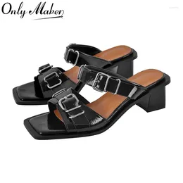 Dress Shoes Onlymaker Women Square Toe Buckle Chunky High Heel Slip On Plus Size Summer Sandals