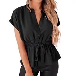 Women's Blouses Summer Women Solid Colours Stand Collar Lace-Up Belt Short-sleeved Button Down Blouse Casual Office Female Shirt Tops Blusas