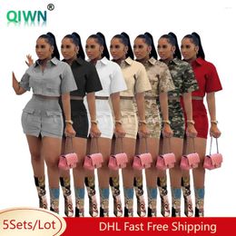 Work Dresses 5Sets Bulk Wholesale Women Cargo Dress Set Turndown Collar Short Sleeve Crop Shirt Pocket Skirt 2 Piece Casual Outfit 9650