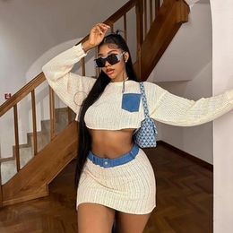 Work Dresses Sexy Knitted Two Piece Skirt Set Autumn Hollow Out Long Sleeve Crop Top Mini Skirts Women Clothings Stretchy Y2K Streetwear