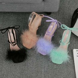 High Heel Summer s Sandals Fairy Style Open Toe Feather Furry Cross Strap for Women f78 Sandal Cro