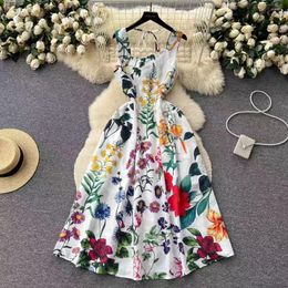 Casual Dresses French Vintage Printed Square Neck Dress For Women In Summer With Lace Up And Waist High-end Elegant A-LINE Skirt