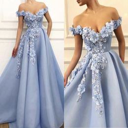 Charming Blue Evening Dresses 2020 A-Line Off The Shoulder Flowers Appliques Dubai Saudi Arabic Long Evening Gown Prom Dress 287u
