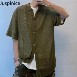 Men's Casual Shirts Summer Large Size Forest Green Knitted Short-sleeved Shirt Couples Drapey Loose High Street Men Tops Male Clothes