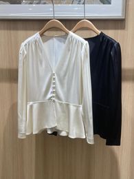 Women's Blouses 2024 Spring Summer Solid Silk Deep V-neck Waistband Loose Fitting Long Sleeve Woman Shirt T-shirt Female Elegant Clothing