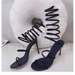Wrapped High Thin Ankle Sandals Rhinestone Heels Summer Round Toe Straight Line Fashion Show Ocn Large Size Women fb1