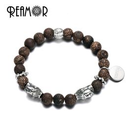 REAMOR Cracked Fire Natural Stones Stainless Steel Buddha Head Beads Energy Homme Bracelets Buddhist Style jewelry 240522