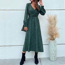 Casual Dresses 2024 Midi Skirt Commuter V-neck Kink Leopard Print Dress Green Long Slim Women Sleeve Office Lady Dot