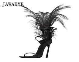 JAWAKYE Black Feather Sandals for women Ostrich hair decor Thin high heels dance Shoes ladies sandals T Show Party Shoes Y2004053506973
