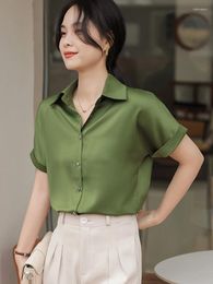 Women's Blouses 2024 Summer Satin Silky Green Shirts Women Short Sleeve Blouse Elegant Tops Blusas Femme Office Lady For