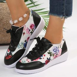 Casual Shoes Ladies Retro Large Size Round Toe Lace Up Heel Thick Bottom Sneakers Flower Print Running Most Comfortable