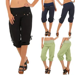 Women's Pants Women Summer Elastic Waist Boho Check Pockets Baggy Wide Leg Yoga Capris