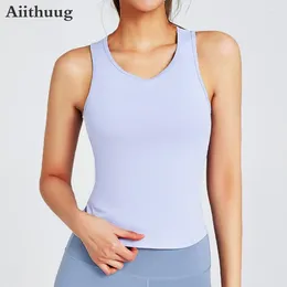 Active Shirts Aiithuug U Neck Racerback Yoga Tops With Built-in Cup Women's High Elastic Tight Fit Workout Tank Top Running Athletic Vest