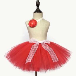 Skirts Baby Red Lace Tutu Skirts Girls Fluffy Tulle Skirts Pettiskirts with Flower Headband Kids Birthday Party Tutus Costume Skirts Y240522