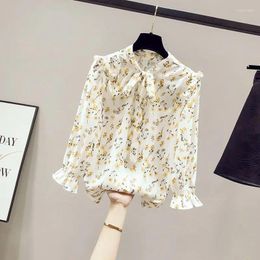 Women's Blouses Floral Bow Patchwork Blouse Summer Thin 3/4 Sleeve Loose Printing Chiffon Office Shirt Tops Elegant Vintage Women Clothing