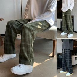 Men's Pants Casual Mid-Rise Elastic Waistband Drawstring Straight Wide Leg Men Plaid Print Loose Corduroy