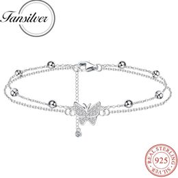 Fansilver 925 Sterling Silver Ankle Bracelets for Women Butterfly Beaded Anklet Layered Dainty Chain Adjustable Foot Jewellery 240522