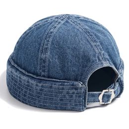 Vintage Denim Brimless Melon Cap For Men Women Fashion Adjustable Dome Hip Hop Skullcap Beanie Bonnet Solid Color Streetwear Hat 240522