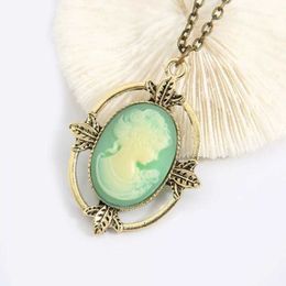 Pendant Necklaces Retro style bronze lamp blue guest necklace vampire diary Catherine beauty head female pendant necklace d240522