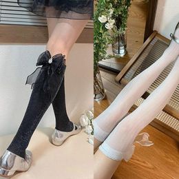 Women Socks 1 Pair Girls Shiny Glitter Striped Over Knee Long Princess Rhinestones Bowknot Thigh High Stockings