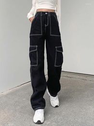 Women's Jeans Streetwear Women Cargo Spring Pockets High Waist Black Denim Pants Fashion Hip Hop Loose Female Wide Leg Pant Korean