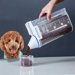 Cat Bowls Feeders 1.5kg/2kg Dog Food Pail Plastic Storage Tank with Measuring Cup Container Moisture-proof Sealed Jar Pet Supplies Accessories H240522