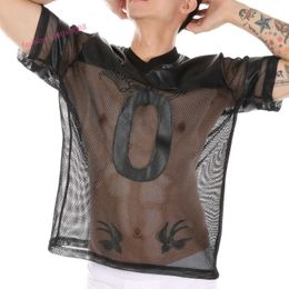 Mens T-Shirts PU Sexy Fishnet Tops Tee Men Faux Leather T-Shirt Transparent Mesh Clubwear See Through Short Sleeve Number