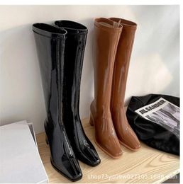 Boots 2024 Chunky Heel Knight Women's High Heels Thinner-looked Patent Leather Shoes Women Knee Hight Black Long