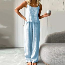 Women's Two Piece Pants 2024 Cotton Linen Suit Slip Vest Wide-Leg Suits Female Fashion Casual 2 Sets Home Clothes Ladies