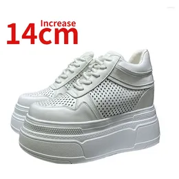 Casual Shoes European Invisible Inner Height Increased 14CM For Women Genuine Leather Thick-soled Summer Thin Hollow Dad's