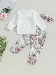 Clothing Sets Baby Toddler Girls 3 Piece Clothes Set Long Sleeves Waffle Tops And Elastic Floral Pants Headband Fall Outfits