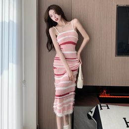 Casual Dresses Sleeveless Knitted Midi Dress Women Striped Vintage Strap Sexy Backless Bodycon Elegant Korean All-match Summer Chic Fashion
