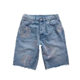 Mens Denim Shorts Flower Diamond Design Slim Fit Street Hip Hop Jean Shorts Button Fly Wreath Jeans Black Blue Washesykoq