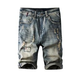 Summer Street Denim Shorts Mens Retro Distressed Heavy Washed HighEnd Slim Straight Scratch Design 240520