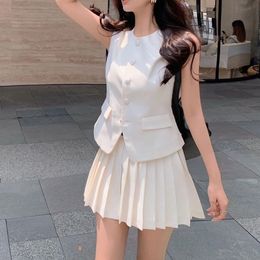 Korea Elegant Two Piece Set Vintage Office Lady Button Sleeveless Top Pleated Mini Skirts Suit Retro Summer Black Outfit White 240522