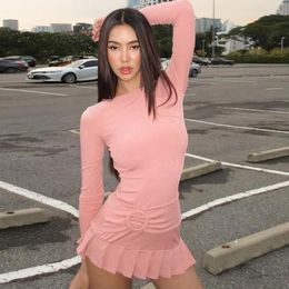 Casual Dresses Korean Vintage Bodycon Pleated Dress For Women Solid Slim Long Sleeve Femme Party Sexy Temperament Backless Mini Ladies