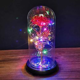 Decorative Objects Figurines Coloured Rose Artificial Flower LED Lamp Glass Cover Decoration Valentines Day Gift H240521 3MU5