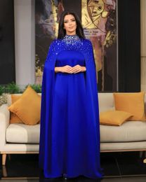 Royal Blue Evening Dress 2024 With Wrap Beaded Crystal High Collar Chiffon Women Formal Gowns Party Prom Dresses Saudi Arabia Robe De Soiree