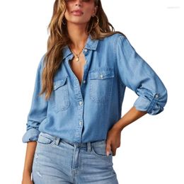 Women's Blouses Autumn Thin Denim Shirt Single-breasted Splicing Pocket Long Sleeve Lapel Tops Ladies Comfortable Commuter Casual Blouse
