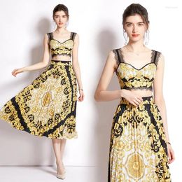 Work Dresses 2024 Summer Fashion Gold Designs Skirts Sets Women Outfits Indie Folk Print Sexy Two Pieces Lace Cropped Top Pleated Skirt Suit