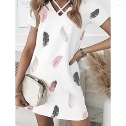 Casual Dresses Summer Feather Print Dress For Women Bohemia Short Sleeve Beach Vacation Sundress Loose Ladies Mini