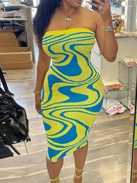 Casual Dresses Strapless Street Style Sexy Abstract Printed 2024 Summer Sleeveless Backless High Waist Stretch Knee-Length Pencil Dress