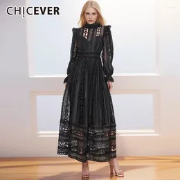 Casual Dresses CHICEVER Hollow Out Solid For Women Stand Collar Long Sleeve High Waist Loose Folds Spring Maxi Dress Female