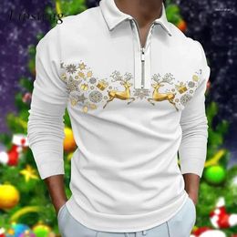 Men's Polos Casual Lapel Zippered T-shirt Christmas Print Autumn Long Sleeved Fashionable Classic Pattern Top