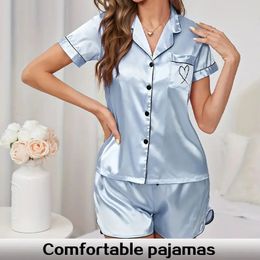 Summer Heart-Shaped Embroidered Shirt Short Sleeved Button Top and Elastic Waistband Shorts Womens Casual Home Pyjama Set 240522