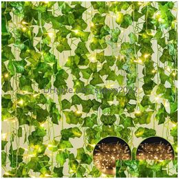 Decorative Flowers Wreaths Artificial Ivy Fake Vines With 200 Led String Light Greenery Garland Hanging Leaf Plants For Room Garde Dhmak